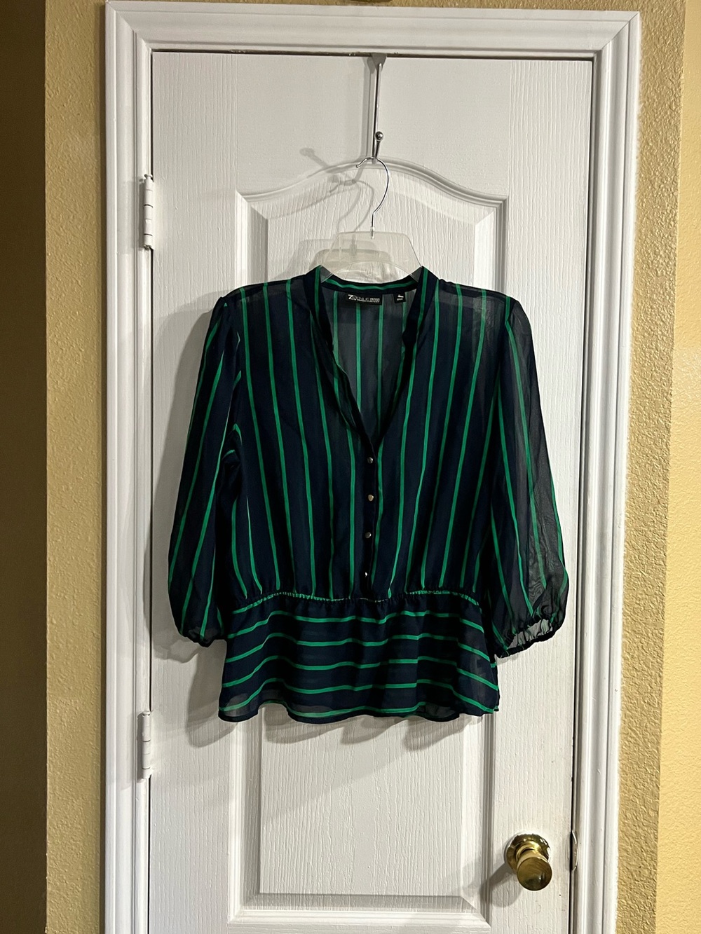 Striped V-Neck Peplum Blouse in Navy and Green